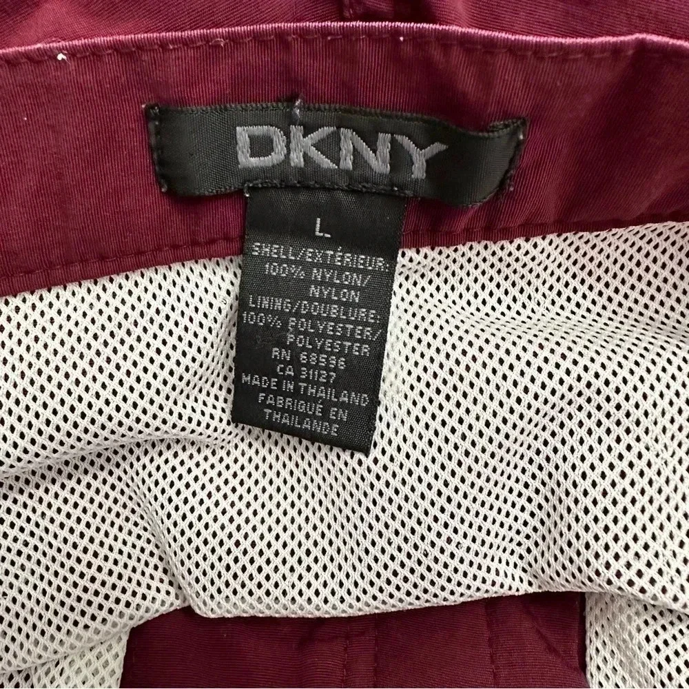 DKNY L mens‎ maroon swimming trunks with yellow + white racing stripes